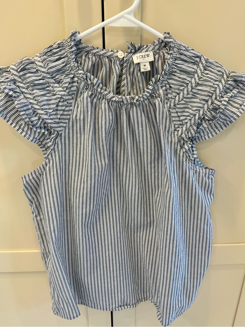 J. Crew Blue and White Striped Ruffle Sleeve Top